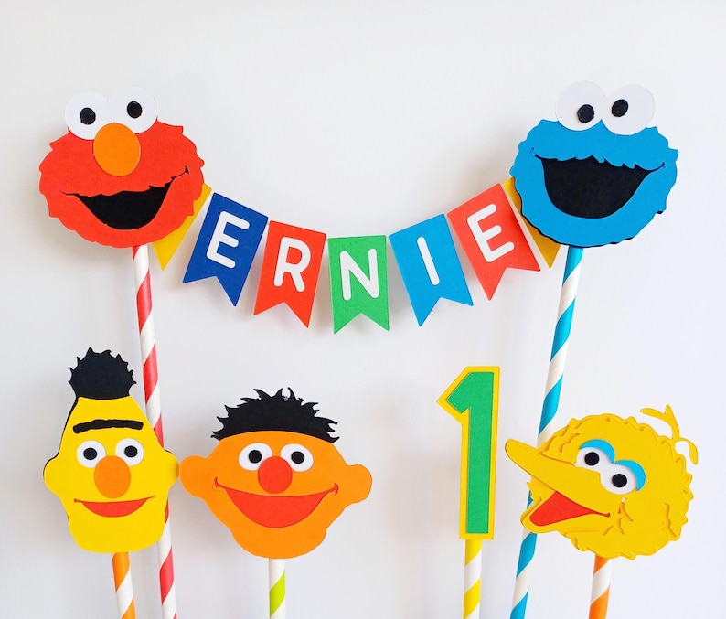 Handmade Personalised Bunting Cake Topper - Sesame Street Design. Elmo, Cookie Monster, Big Bird, Ernie, Bert Birthday Cake Decoration image 1