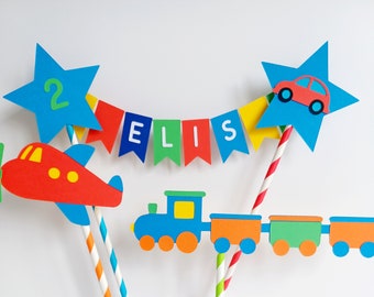 Handmade Personalised Birthday Cake Bunting Topper. Aeroplane & Train.  Bright Colours