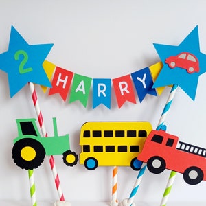 Birthday Cake Bunting Topper Personalised. Car, Tractor, Bus, Fire Engine, Emergency Vehicles, Police Car, Train & Plane, Monster Trucks.