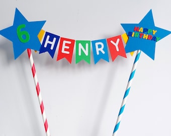 Handmade Personalised Flag Bunting Custom Cake Topper.  Birthday Cake Decoration.  Bright Primary Colours. Name Garland Stars Happy Birthday