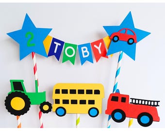Birthday Cake Bunting Topper Personalised. Car, Tractor, Bus, Fire Engine, Emergency Vehicles, Construction, Train & Plane, Monster Trucks.