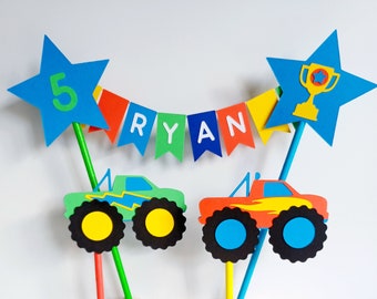 Handmade Personalised Birthday Cake Bunting Topper. Monster Trucks.  Bright Colours.  Boys Birthday Cake Decoration.