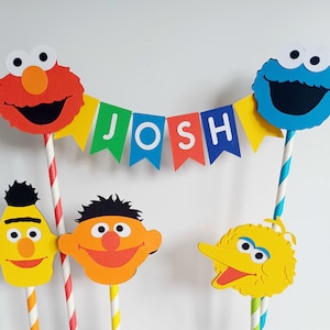 Handmade Personalised Bunting Cake Topper - Sesame Street Design. Elmo, Cookie Monster, Big Bird, Ernie, Bert Birthday Cake Decoration Topper & Accessories