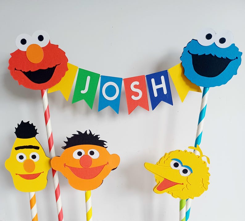 Handmade Personalised Bunting Cake Topper - Sesame Street Design. Elmo, Cookie Monster, Big Bird, Ernie, Bert Birthday Cake Decoration Topper & Accessories