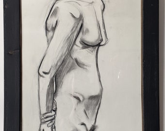 Original Charcoal Art, Figure Study, Sketch, Standing Figure, Framed