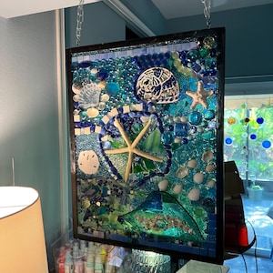 Blue Green Starfish Stained Glass Window Panel: Coastal Beach Decor
