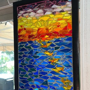 Beach Sunset Window: stained glass,  tumbled upcycled bottle glass, warm stain glass colors, beach water, coastal glass panel, nautical