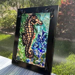 Seahorse stained glass Panel: mosaic, sea horse, wall panel, stained glass, stain glass, nautical, beach, seaglass
