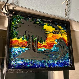 Coastal Stained Glass Panel: Beach Wave, palm tree, tropical,  mosaic, art