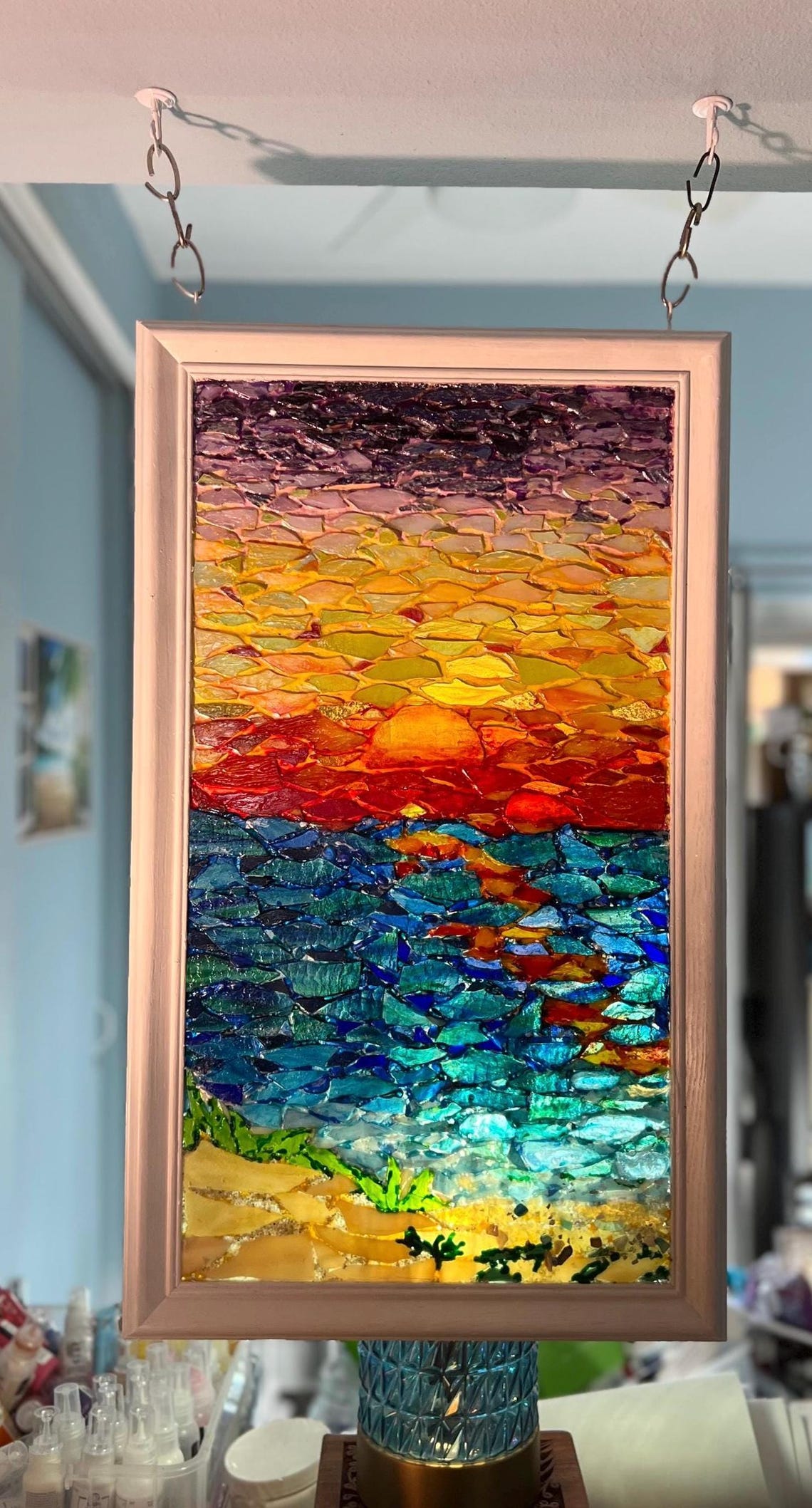 Window Panel Sunset Beach Sunset Stained Glass Window Panel: Upcycled Bottle Glass, Coastal ...