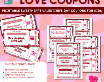 Printable Valentine’s Day Love Coupons for Kids, Kids Valentine Coupon Book, Sweetheart Coupon Rewards, Editable Canva Template, DIY Gift