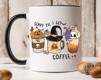 Scary Til I Get Coffee 11, 15 oz Ceramic Coffee Mug with optional Black Rim - Halloween | Fall Coffee Cup | Cutie Ghost Coffee Cup