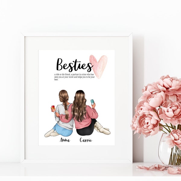 Besties BFF Printed Portrait of Two girls, Best Friend Printed Illustration | Custom Bestie Gift | BFF Birthday | Best Friend Christmas