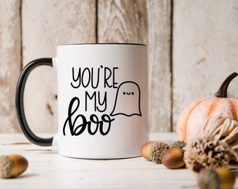 You're My Boo 11oz, 15oz, or 13oz Ceramic Camp Style Coffee Mug with Black Rim - Halloween Fall Coffee Cup