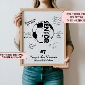 May include: A white printable sign featuring a black football graphic and the text "Senior 2025". The sign also includes the text "#7 Casey Ann Diamon Hillcrest High School".