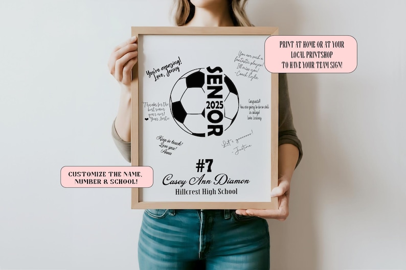May include: A white printable sign featuring a black football graphic and the text "Senior 2025". The sign also includes the text "#7 Casey Ann Diamon Hillcrest High School".