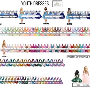 May include: A chart of youth dresses in various colors and styles. The chart includes 6 rows of dresses, each row labeled with a style name: OL, CM, ON, CO, OP, and OS. The chart also includes a section with four girls wearing dresses, labeled with their ages: 1-2 years, 3-5 years, 6-8 years, and 9-12 years.