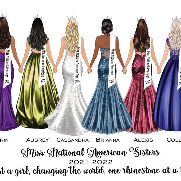 Personalized Pageant Sisters Portrait 5x7 | 8x10 Pageant Keepsake, Pageant Gown Illustration | Custom Pageant Gift | Queens | Sister Pageant