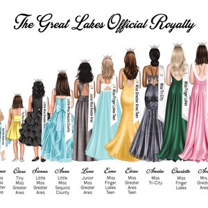 May include: A group of women and girls wearing crowns and sashes with titles like "Miss Greater Area Teen" and "Little Miss Sequoia County". The Great Lakes Official Royalty is written at the top of the image.
