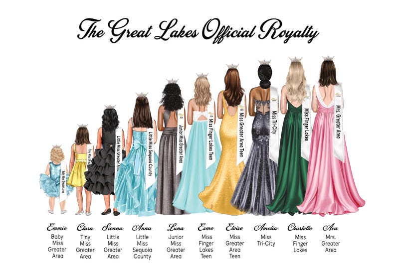 May include: A group of women and girls wearing crowns and sashes with titles like "Miss Greater Area Teen" and "Little Miss Sequoia County". The Great Lakes Official Royalty is written at the top of the image.