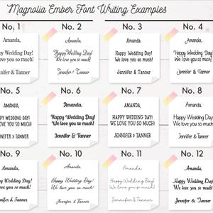 May include: A display of twelve examples of wedding invitation text in the Magnolia Ember font. Each example features the names "Amanda" and "Jennifer & Tanner" with the phrase "Happy Wedding Day! We love you so much!" written in different styles.