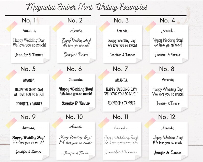 May include: A display of twelve examples of wedding invitation text in the Magnolia Ember font. Each example features the names "Amanda" and "Jennifer & Tanner" with the phrase "Happy Wedding Day! We love you so much!" written in different styles.