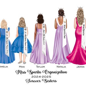 Personalisierte Festzug Schwestern DIGITAL Porträt von fünf Mädchen, Festzug Kleid Illustration | Benutzerdefinierte Festzug Geschenk | Damen | Schwesterfestzug
