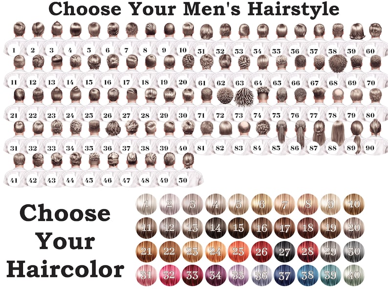 May include: A chart with 90 different men's hairstyles and 40 different hair colors to choose from. The hairstyles are numbered 1-90 and the hair colors are numbered 1-40.
