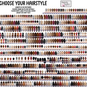 May include: A chart of 76 different hairstyle options for a customizable avatar. The hairstyles are numbered and arranged in rows. The text at the top of the chart reads "Choose Your Hairstyle" and "Length is as pictured. Please zoom-in to see details. Please note, long styles will cover jacket or shirt text."