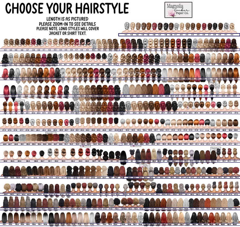 May include: A chart of 76 different hairstyle options for a customizable avatar. The hairstyles are numbered and arranged in rows. The text at the top of the chart reads "Choose Your Hairstyle" and "Length is as pictured. Please zoom-in to see details. Please note, long styles will cover jacket or shirt text."