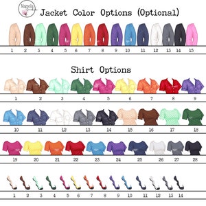 May include: A chart showing different color options for jackets, shirts, and shoes. The chart is divided into three sections, each with a title: Jacket Color Options (Optional), Shirt Options, and Shoe Options. Each section shows a row of different colored clothing items, numbered 1 through 15 for jackets, 1 through 28 for shirts, and 1 through 14 for shoes.