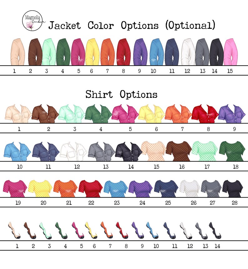 May include: A chart showing different color options for jackets, shirts, and shoes. The chart is divided into three sections, each with a title: Jacket Color Options (Optional), Shirt Options, and Shoe Options. Each section shows a row of different colored clothing items, numbered 1 through 15 for jackets, 1 through 28 for shirts, and 1 through 14 for shoes.