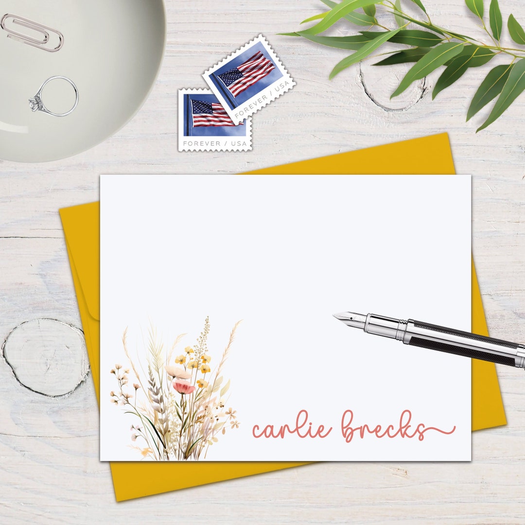 Personalized Watercolor Flowers Floral Script Notecards | Set of 12 ...