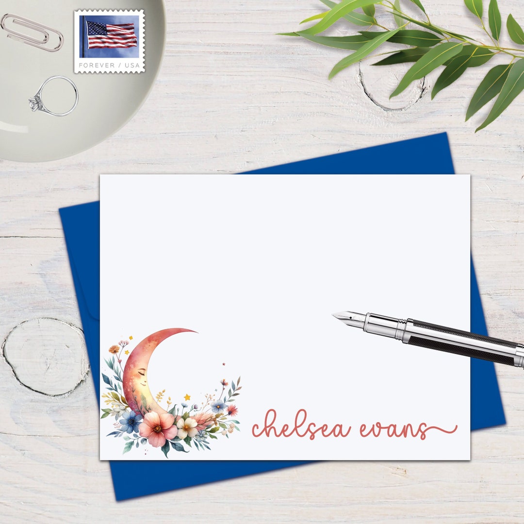 Personalized Bohemian Moon Celestial Script Notecards | Set of 12 Flat ...