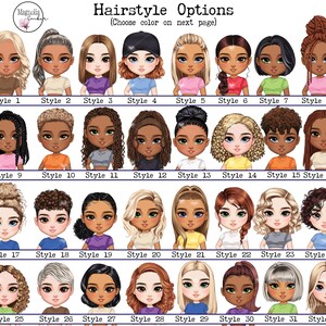 May include: A chart of 32 different hairstyle options for a customizable avatar. Each hairstyle is illustrated with a cartoon character with different hair colors and styles.