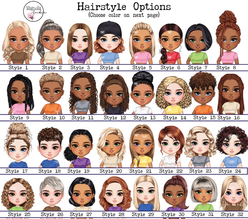 May include: A chart of 32 different hairstyle options for a customizable avatar. Each hairstyle is illustrated with a cartoon character with different hair colors and styles.
