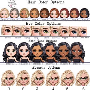 May include: A digital illustration of a customizable avatar with options for hair color, eye color, skin tone, and eyewear. The image shows nine hair colors, ten eye colors, six skin tones, and six eyewear styles.