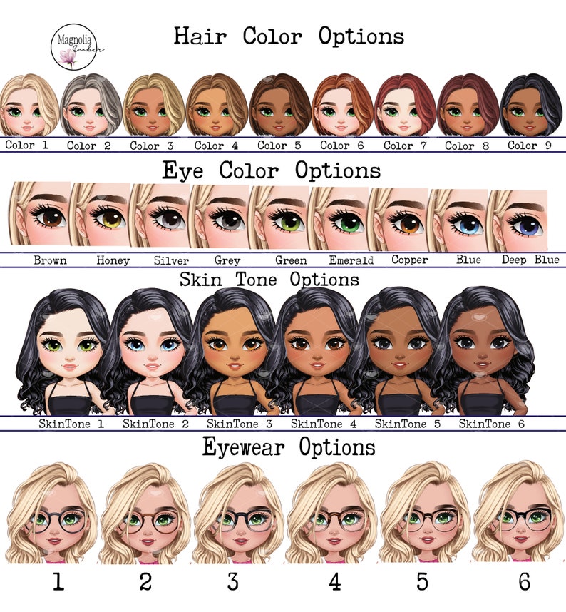 May include: A digital illustration of a customizable avatar with options for hair color, eye color, skin tone, and eyewear. The image shows nine hair colors, ten eye colors, six skin tones, and six eyewear styles.