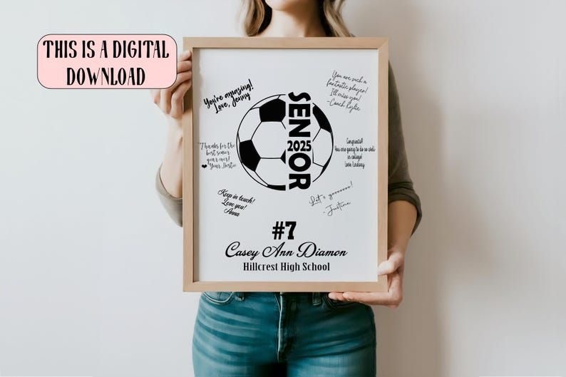 May include: A white printable sign with a black football graphic and the text "Senior 2025" on it. The sign also includes the text "#7 Casey Ann Diamon Hillcrest High School".