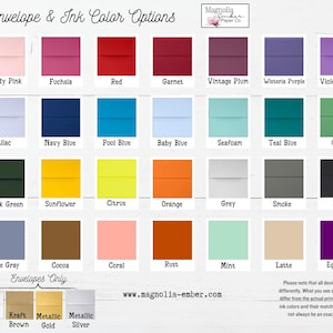 Op de afbeelding: Een grafiek met opties voor envelop- en inktkleuren voor briefpapier. De grafiek bevat 24 kleurstalen, met namen voor elke kleur. De grafiek bevat ook het websiteadres www.magnolia-ember.com.