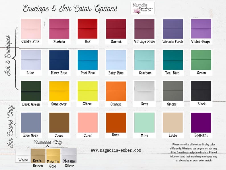 Op de afbeelding: Een grafiek met opties voor envelop- en inktkleuren voor briefpapier. De grafiek bevat 24 kleurstalen, met namen voor elke kleur. De grafiek bevat ook het websiteadres www.magnolia-ember.com.