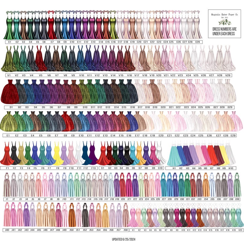 May include: A chart of 150 different colored bridesmaid dresses. The dresses are all floor-length and have a simple, elegant design. The dress numbers are listed under each dress.