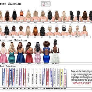 May include: A chart with a selection of crowns, skin tones, and sashes for a personalized design. The chart includes a variety of crown styles, skin tones, and sash designs. The text on the chart includes "Crown Selection", "Skin tone Selection", and "Sash Selection".