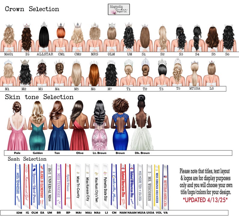 May include: A chart with a selection of crowns, skin tones, and sashes for a personalized design. The chart includes a variety of crown styles, skin tones, and sash designs. The text on the chart includes "Crown Selection", "Skin tone Selection", and "Sash Selection".