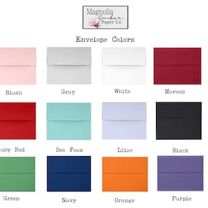 May include: A chart showing 12 different envelope colors, including blush, gray, white, maroon, ruby red, sea foam, lilac, black, green, navy, orange, and purple. The text "Magnolia Ember Paper Co." and "Envelope Colors" is at the top of the chart.
