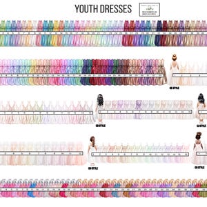May include: A chart showing different styles of youth dresses in various colors. The chart is labeled "Youth Dresses" and includes the text "Dress Samples and Sizes" and "Made in the USA".