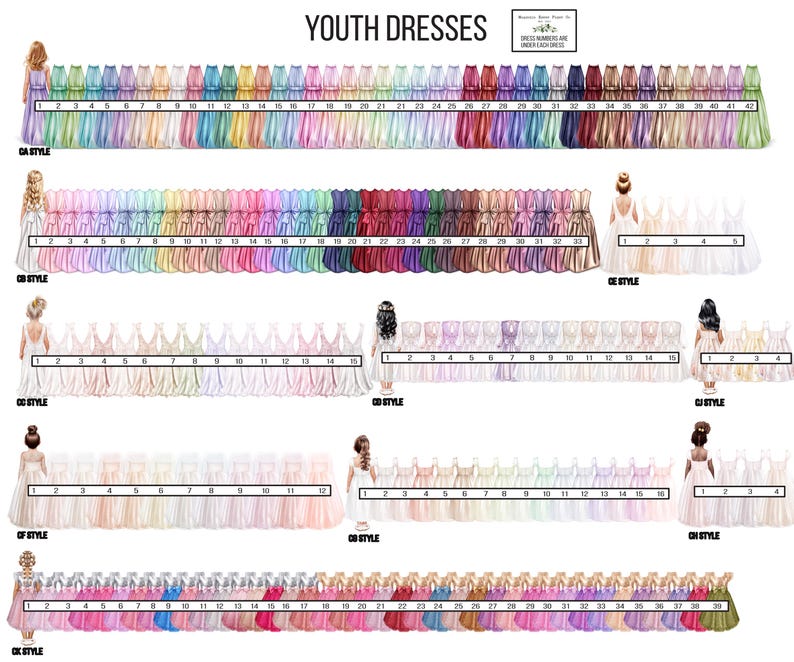 May include: A chart showing different styles of youth dresses in various colors. The chart is labeled "Youth Dresses" and includes the text "Dress Samples and Sizes" and "Made in the USA".