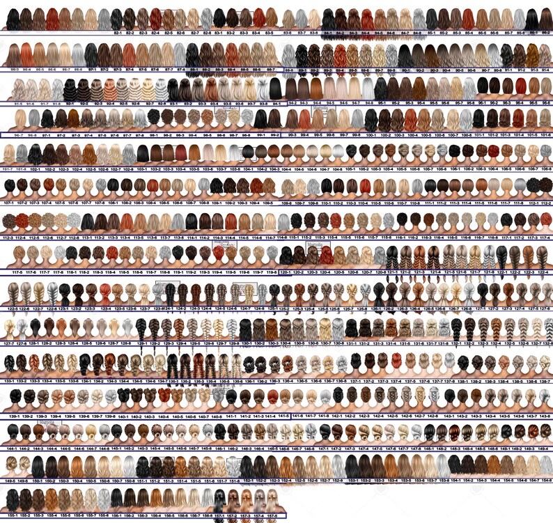May include: A large selection of digital illustrations of different hairstyles for women. The hairstyles are shown from the back and include a variety of styles, colors, and lengths.