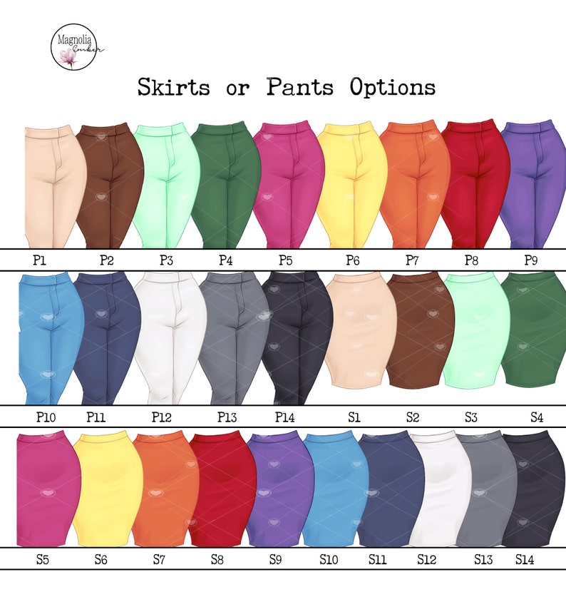 May include: A chart with 14 different skirt and pant options for a customizable character. The options are labeled P1 through P14 and S1 through S14. The colors include beige, brown, green, pink, yellow, orange, red, purple, blue, white, gray, and light blue.