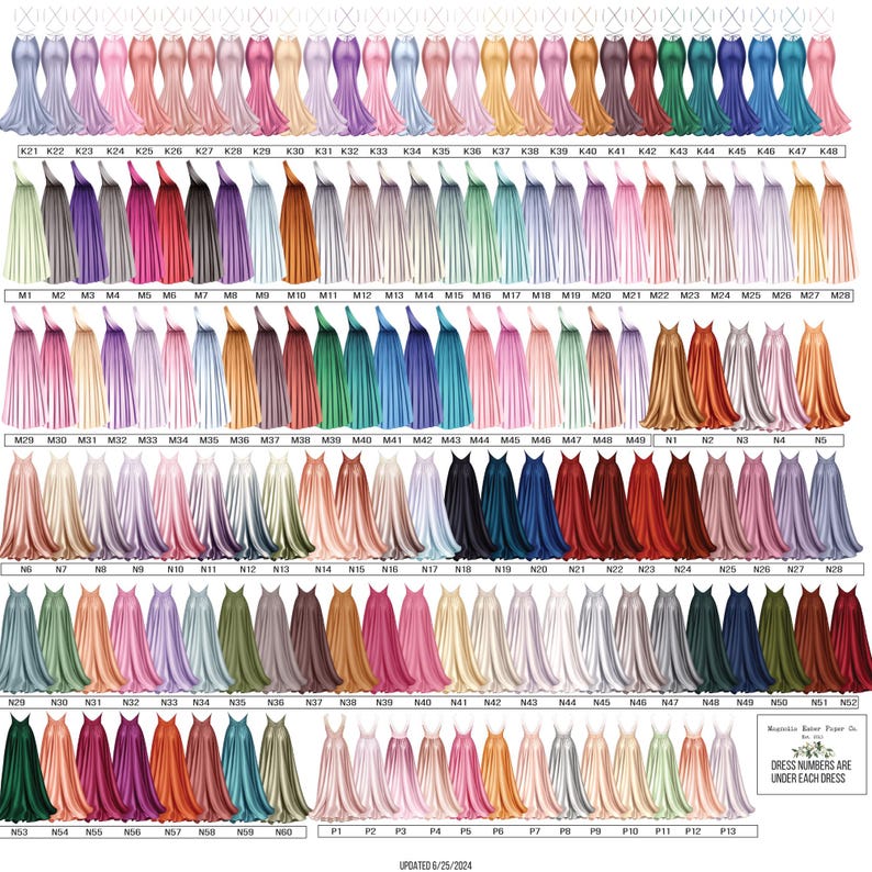 Op de afbeelding: Een kaart met 75 verschillende gekleurde bruidsmeisjesjurken. Elke jurk is in een andere tint roze, paars, blauw, groen, rood, oranje, geel, bruin, zwart, wit of grijs. De jurknumbers staan ​​onder elke jurk.